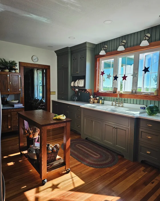 Farmhouse Country Kitchen with Plate Rack and Green Cabinets