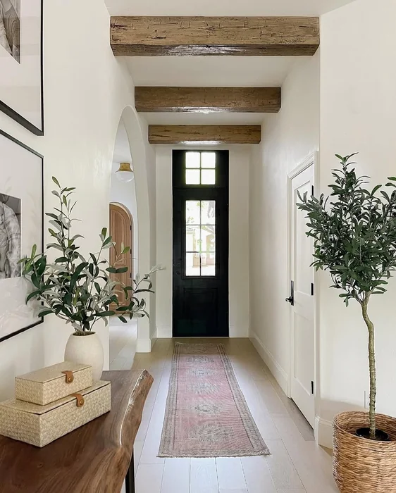 Narrow Spanish Entryway with Wooden Beams and Olive Trees