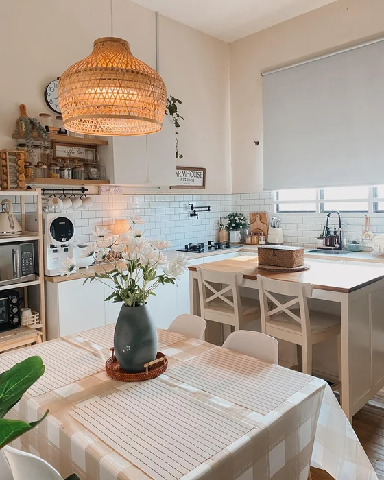 Farmhouse Kitchen Table with Boho Vase Centerpiece & Bamboo Lamp