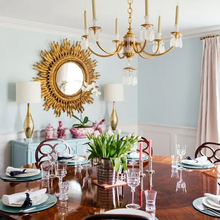 Gold Sunburst Mirror Above Buffet in Formal Dining