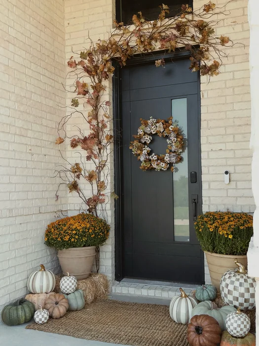 Modern Fall Front Door Decor with Painted Pumpkins & Mums
