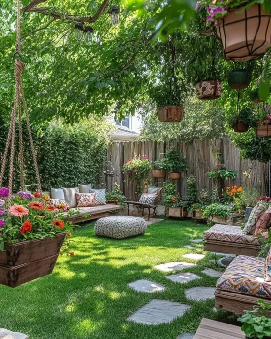 Boho Backyard with Hanging Planters and Swing Planter