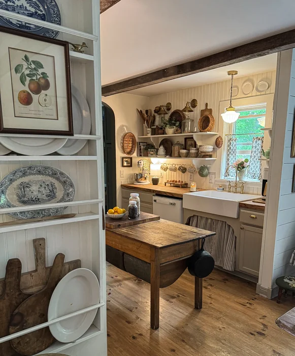 Rustic Vintage Kitchen Side Table with Lemons & Antique Shelving