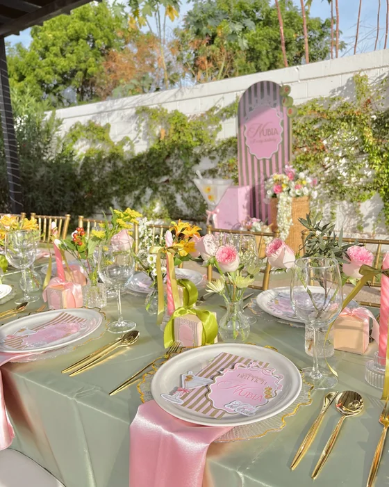 Garden Birthday Party Table with Sage Green and Pink