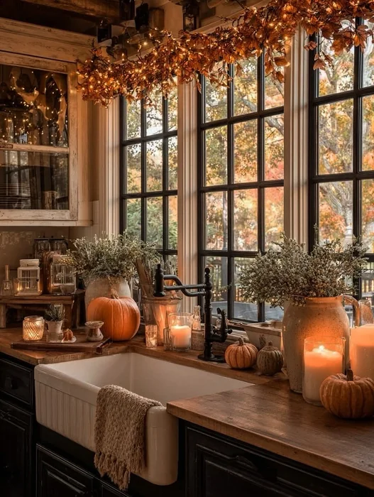Cozy Rustic Fall Kitchen with Fairy Lights & Pumpkin Countertops