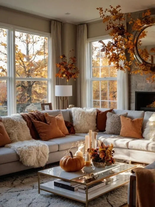 Cozy Fall Living Room with Rust Pillows & Pumpkin Centerpiece
