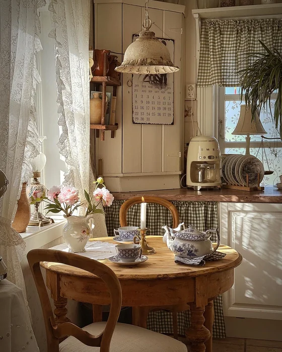 Vintage Round Kitchen Table with Tea Set & Peony Centerpiece