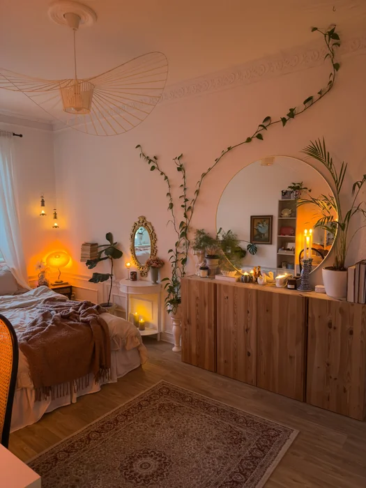 Cozy Bohemian Bedroom with Candlelight and Vines