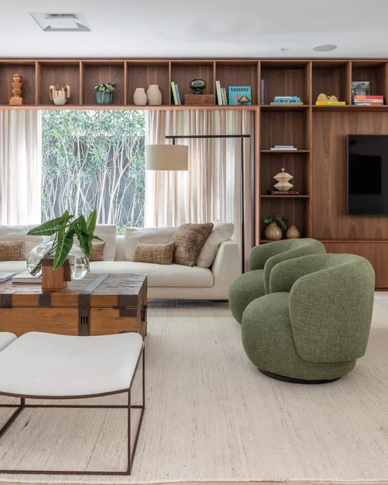 Floor-to-Ceiling Wood Shelf Wall with TV Unit