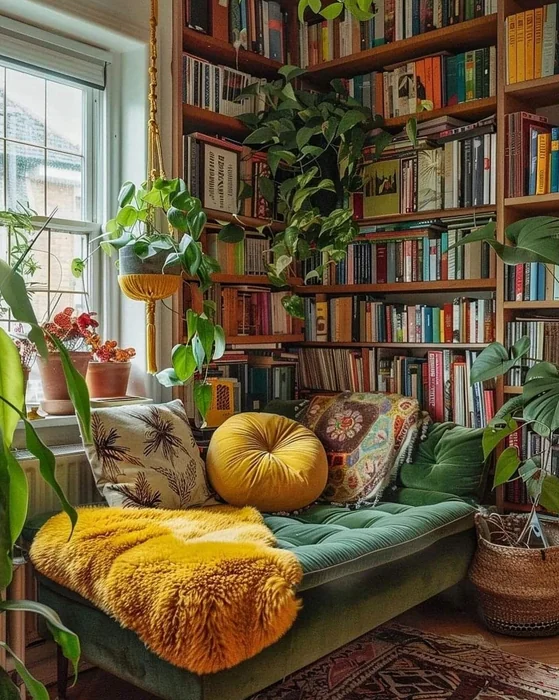 Boho Living Room Corner with Tribal Rug & Plants
