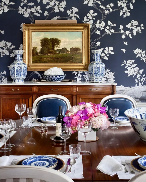 Navy Chinoiserie Wallpaper with Framed Landscape Oil Painting