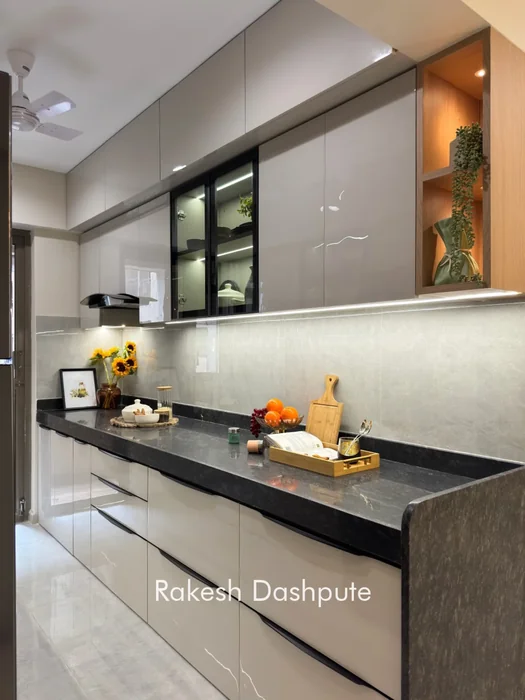 Indian Modular Kitchen with Gloss Cabinets and Plant Niche