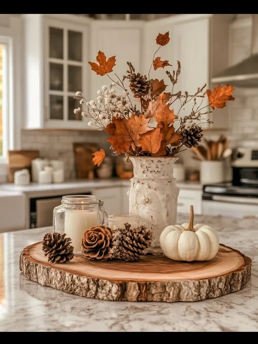 Simple Fall Kitchen Island Tray with Leaves & Pinecones
