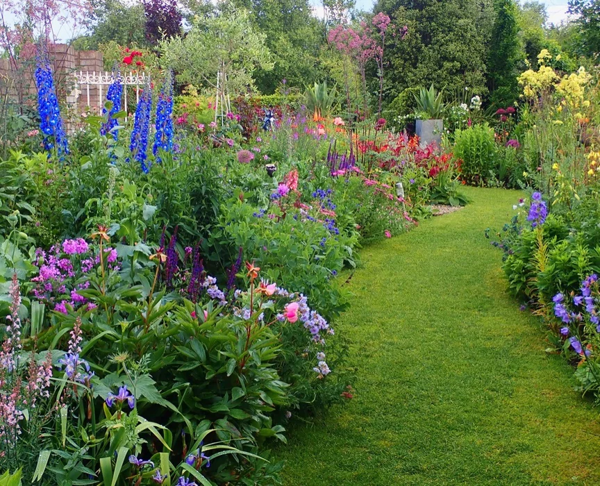 Vibrant English Cottage Flower Border Pathway