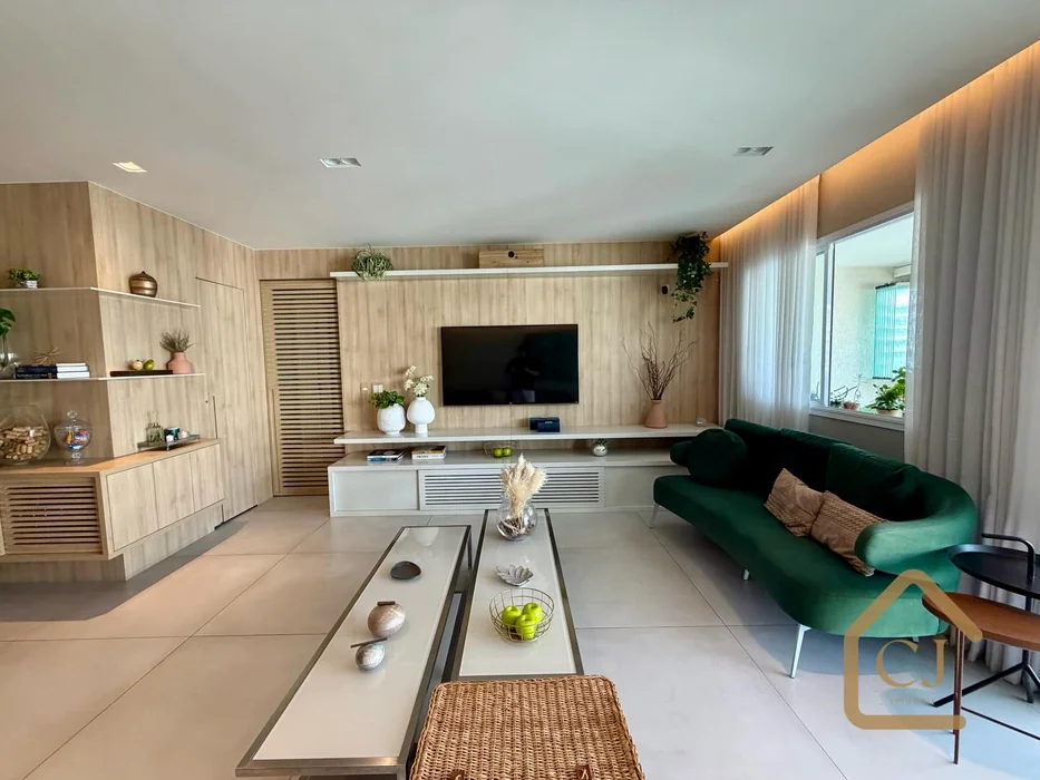 Small Compact Living Room with Wood TV Panel & Green Sofa