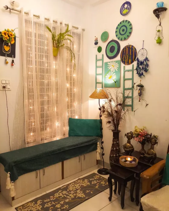 Indian Boho Corner with Plate Wall & Fairy Lights