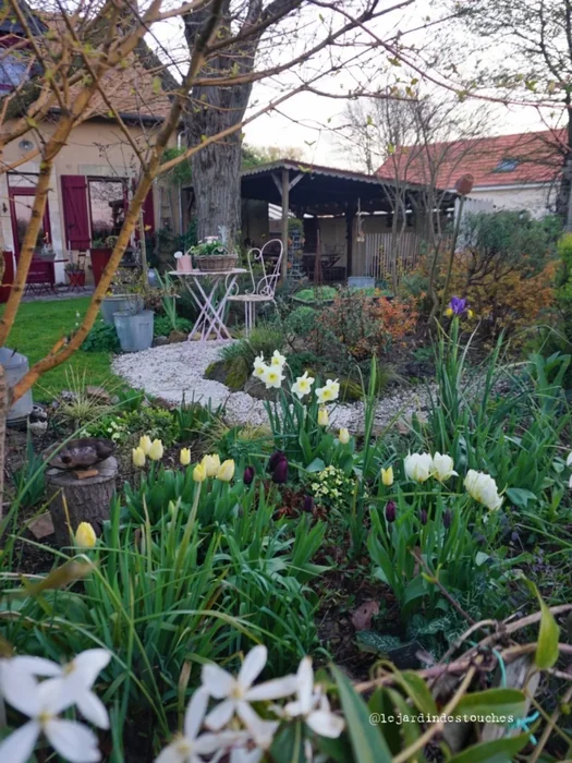 French Country Garden with Spring Tulips and Bistro Set