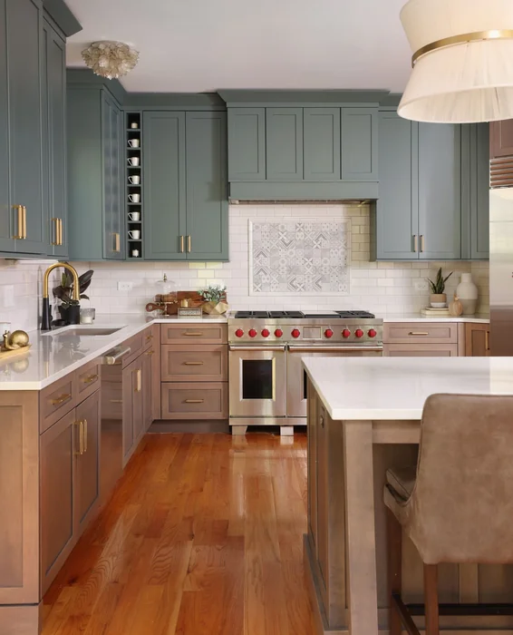 Teal Two-Tone Kitchen with Crown Molding and Open Shelving