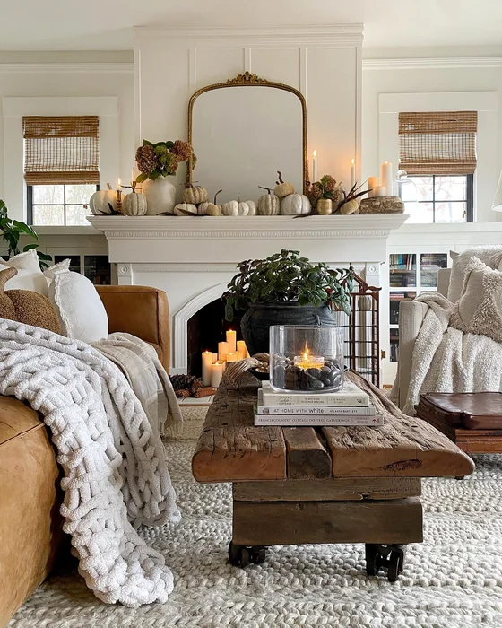 Neutral Fall Mantle with White Pumpkins, Candles & Gold Mirror