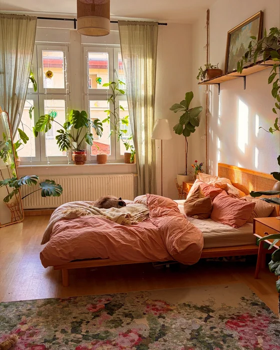Boho Pink Bedroom Flooded with Plants