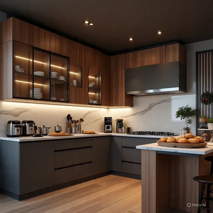 Dark Wood Modern Kitchen with Lit Glass-Front Cabinets