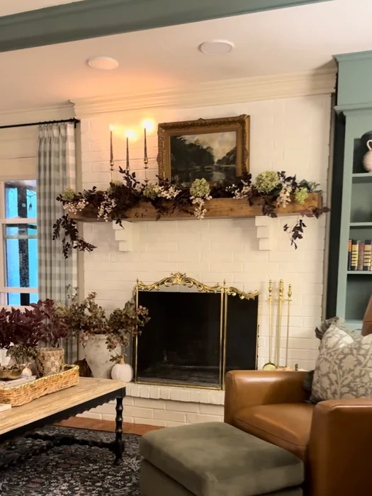 Dark Floral Fall Mantle Decor with Candles & Vintage Oil Painting