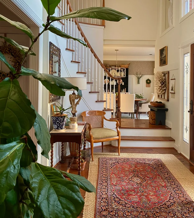 Two-Storey Grand Entryway with Fiddle Leaf Fig and Persian Rug
