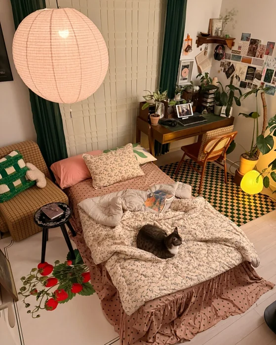 Eclectic Dopamine Bedroom with Checkerboard Floor