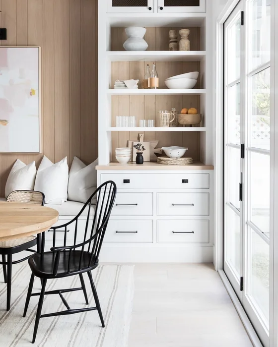 Built-In Wall Shelves with Natural Wood Slat Backing