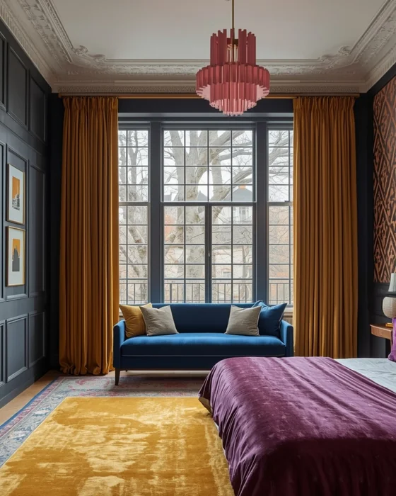 Moody Master Bedroom with Navy Walls and Velvet Chandelier