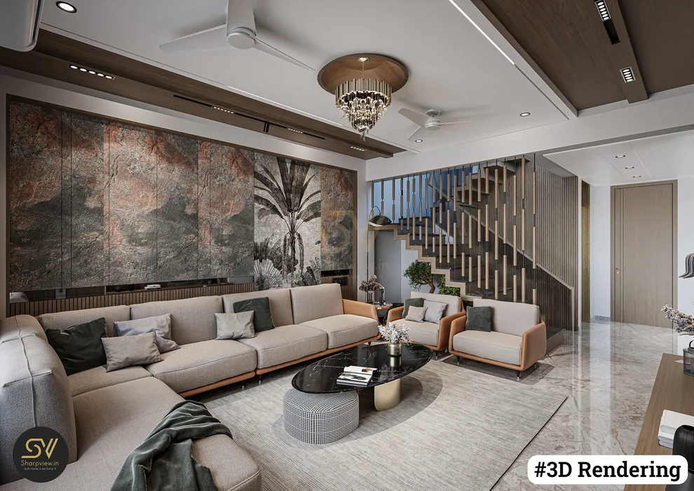 Large Feature Wall Decor with Stone Mural and Tropical Print