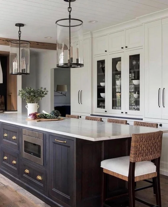 Black and White Kitchen Island with Dark Wood and Marble