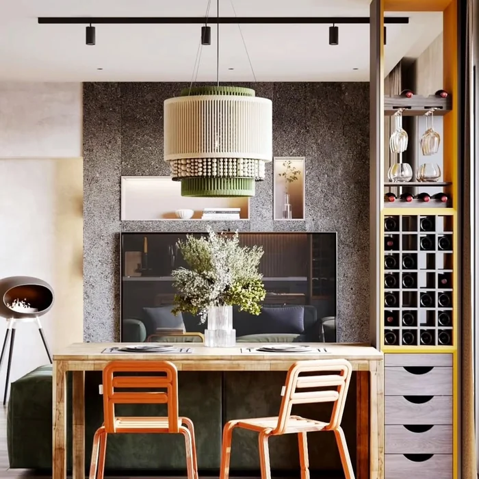 Modern Eclectic Kitchen Dining Table with Orange Chairs & Green Chandelier