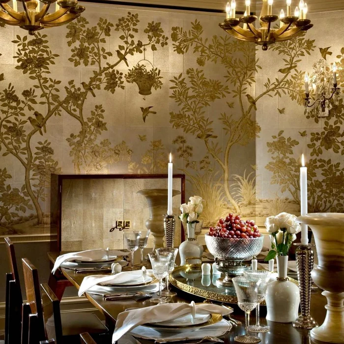 Gold Metallic Chinoiserie Botanical Wall Mural
