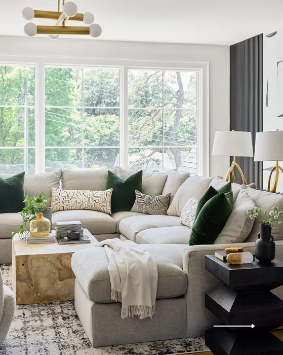 Small Living Room with Neutral Sectional & Slat Wood Wall