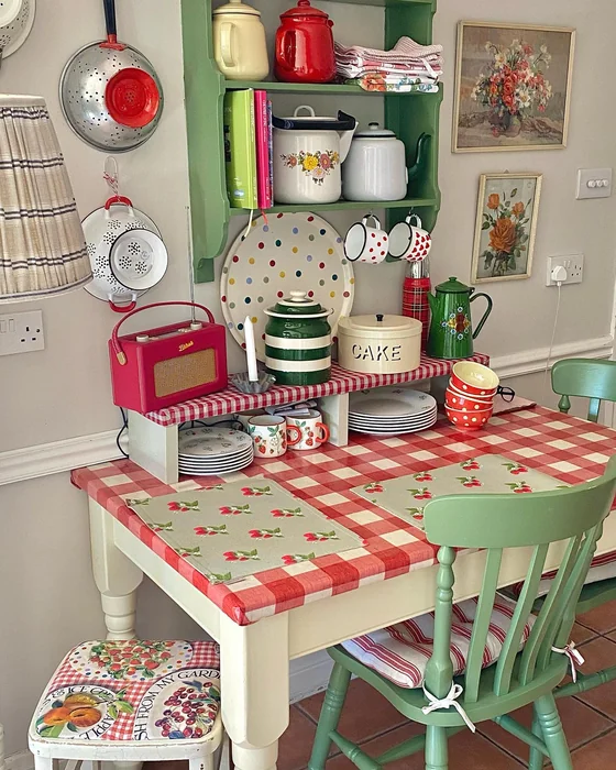 Vintage Country Kitchen Table with Red Gingham Cloth & Enamelware