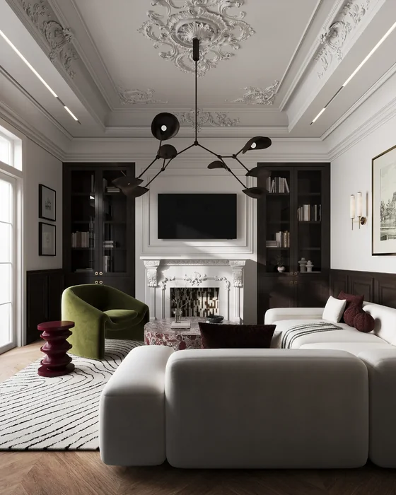 Luxury TV Wall in Neoclassical Living Room with Wall Sconces and Framed Art
