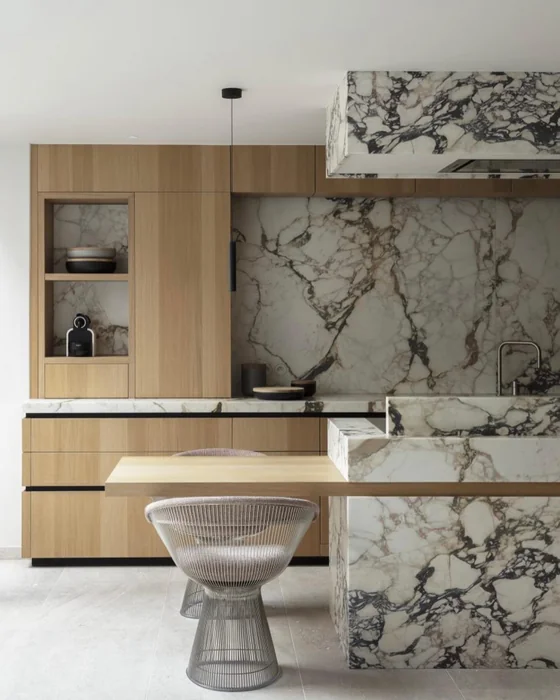Luxury Minimalist Kitchen with Marble and Wood Panels