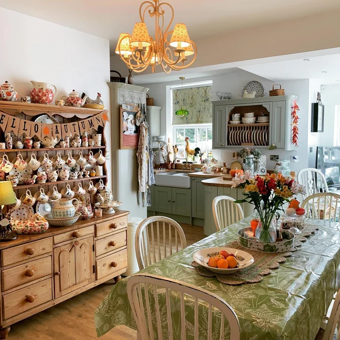 Farmhouse Fall Kitchen Table with Botanical Green Cloth & Autumn Flowers