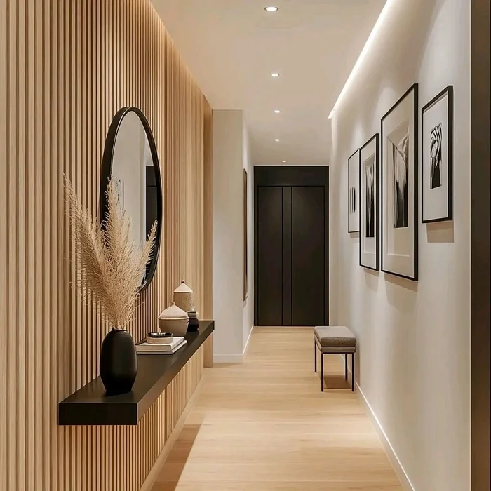 Minimalist Modern Hallway with Wood Slat Wall and Oval Mirror