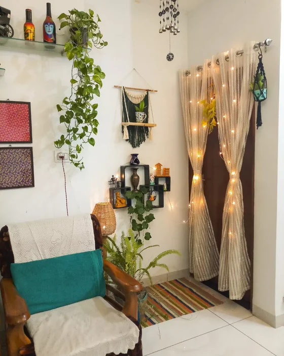 Indian Boho Corner with Macramé Shelf & Fairy Lights