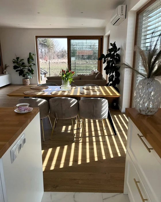Modern Wood Kitchen Dining Table with Spring Tulip Centerpiece