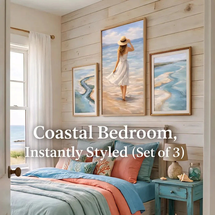 Coastal Beach Painting Set Above Bedroom Bed