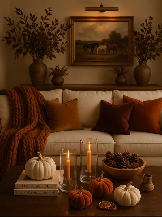Moody Fall Coffee Table Decor with Candles & Pinecones