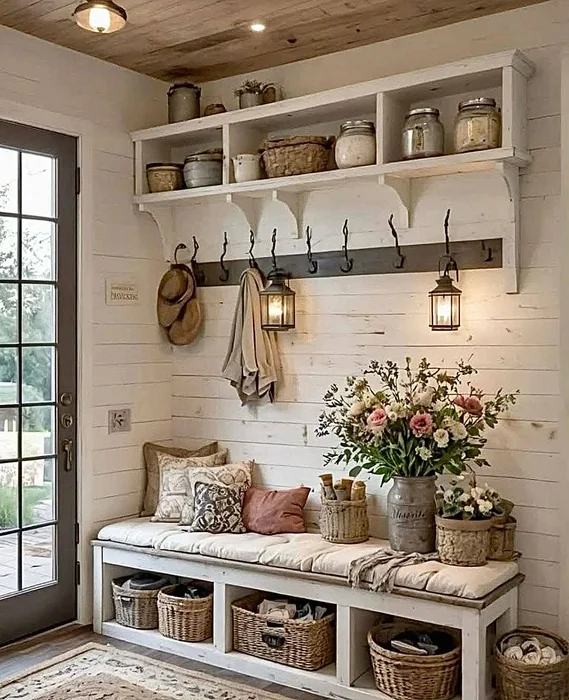 Rustic Farmhouse Entryway with Bench and Shiplap Wall