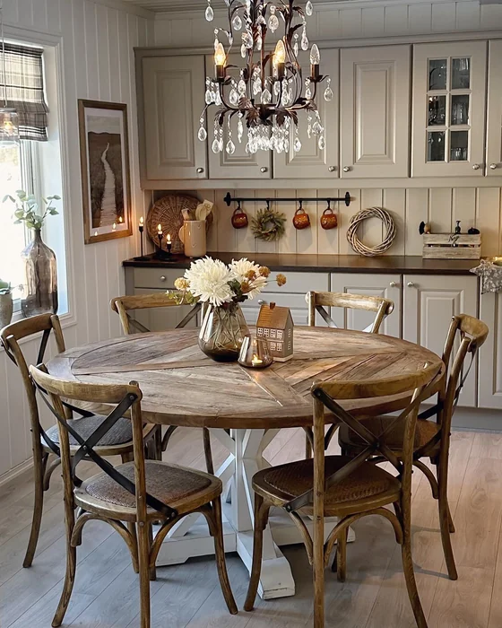 Farmhouse Round Kitchen Table with Fall Flower Centerpiece