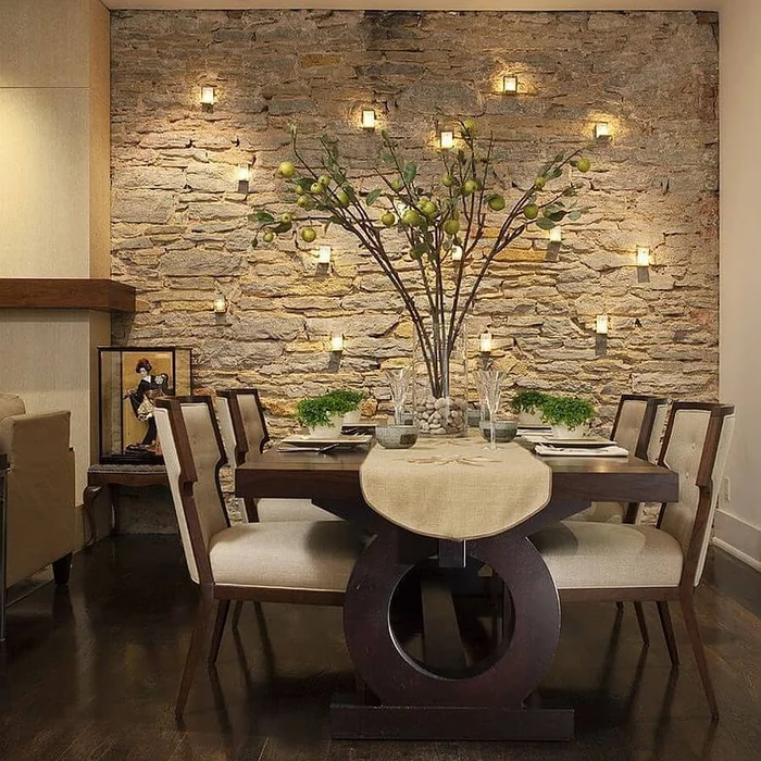 Illuminated Stone Accent Wall Dining Room