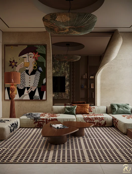 Boho Living Room with Large Figurative Wall Art and Arch Details