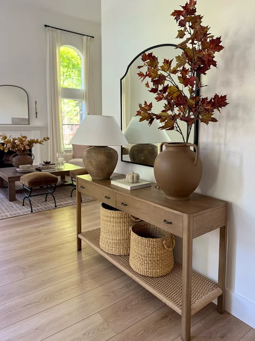 Fall Console Table with Maple Branches & Terracotta Vase