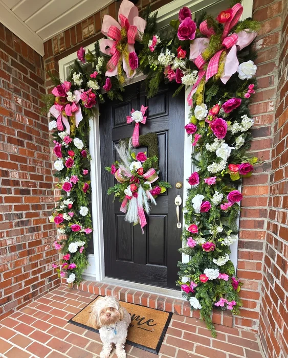 Outdoor Front Door with Floral Garland Arch and Spring Wreath